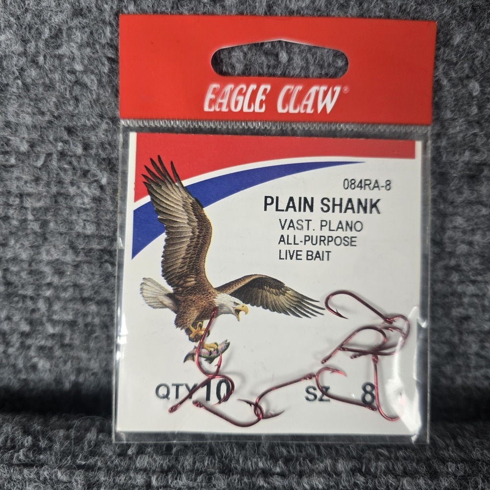 Eagle Claw 084RA-8 Plain Shank Live Bait Fishing Hooks Red Size 8 Qty 10 Pack